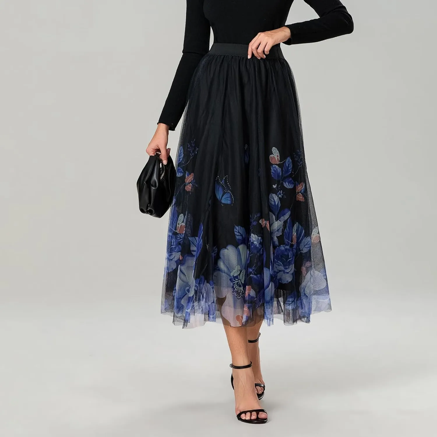 Women's Tulle Midi Skirt Elastic High Waist Layered Pleated Mesh Flowy A-Line Prom Party Long Tutu Skirts