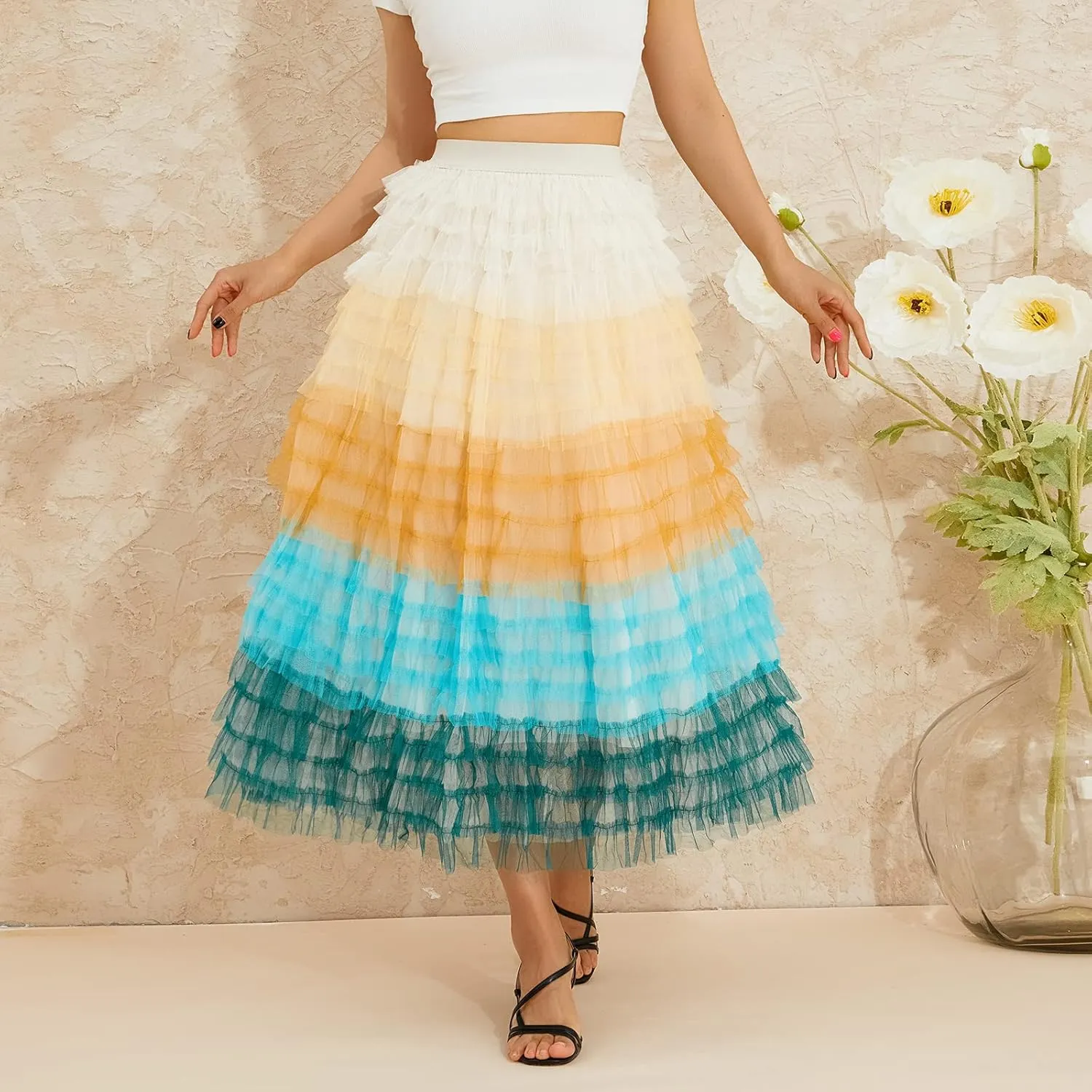 Women's Tulle Midi Skirt Elastic High Waist Layered Pleated Mesh Flowy A-Line Prom Party Long Tutu Skirts