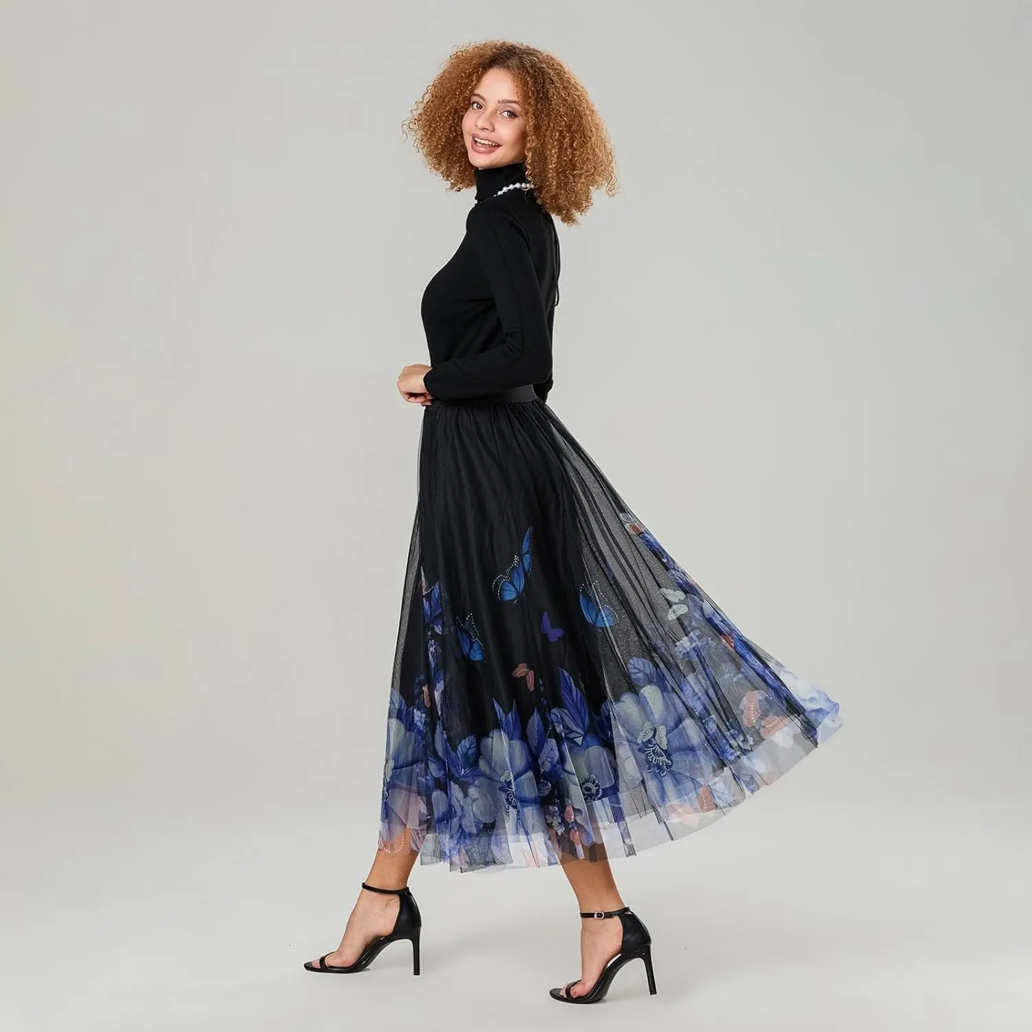Women's Tulle Midi Skirt Elastic High Waist Layered Pleated Mesh Flowy A-Line Prom Party Long Tutu Skirts