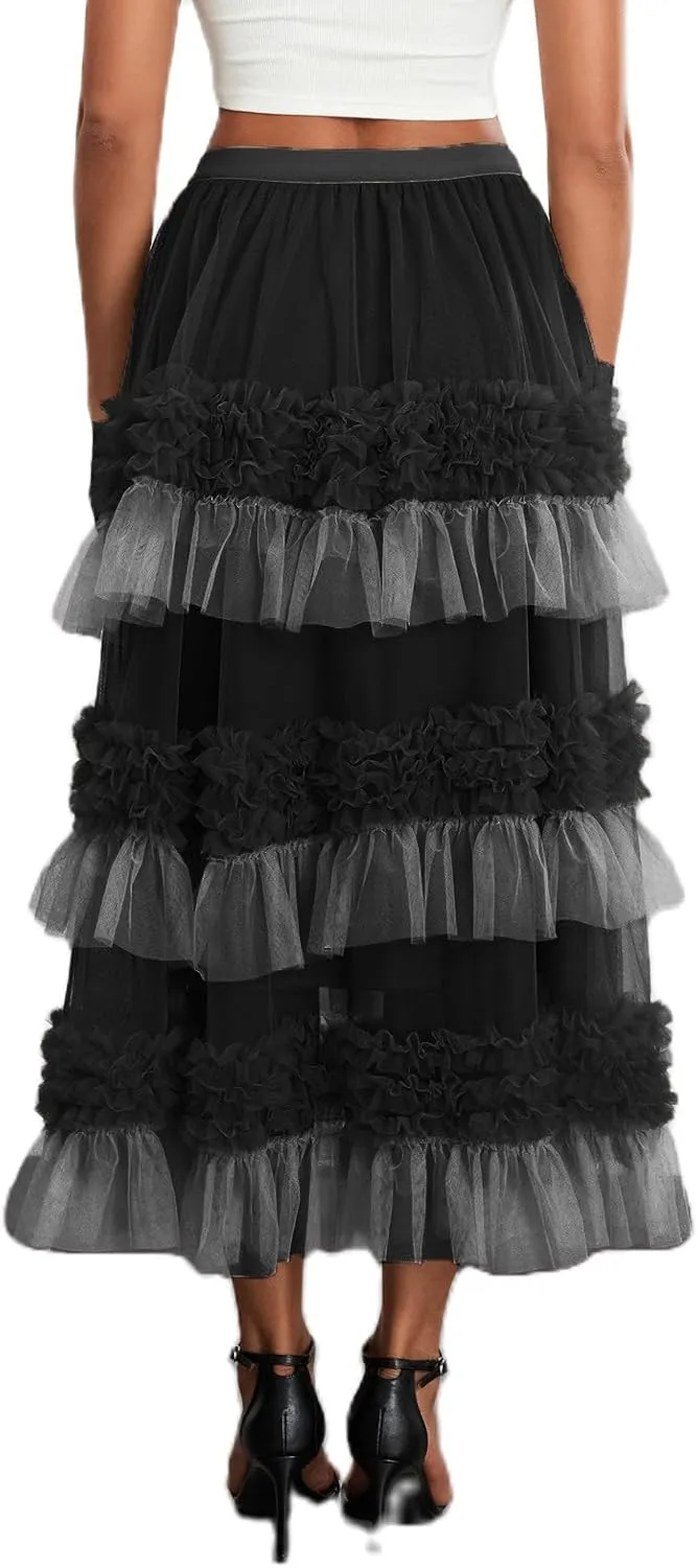 Women's Tulle Midi Skirt Elastic High Waist Layered Pleated Mesh Flowy A-Line Prom Party Long Tutu Skirts