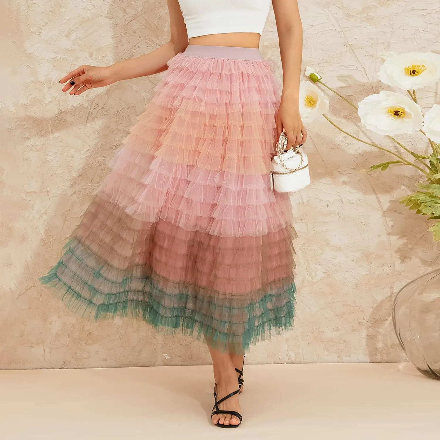Women's Tulle Midi Skirt Elastic High Waist Layered Pleated Mesh Flowy A-Line Prom Party Long Tutu Skirts