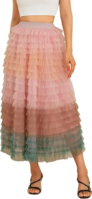 Women's Tulle Midi Skirt Elastic High Waist Layered Pleated Mesh Flowy A-Line Prom Party Long Tutu Skirts