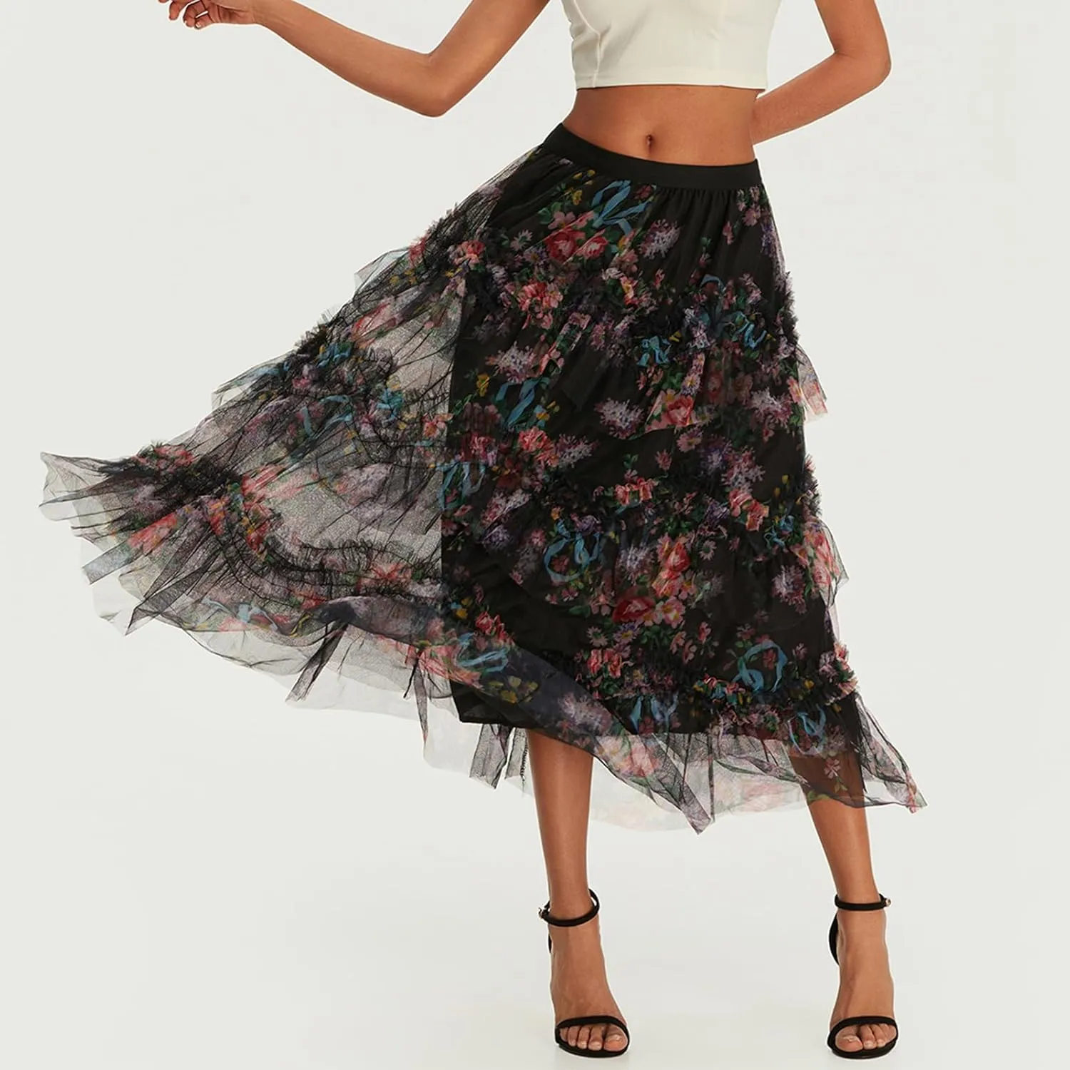 Women's Tulle Midi Skirt Elastic High Waist Layered Pleated Mesh Flowy A-Line Prom Party Long Tutu Skirts