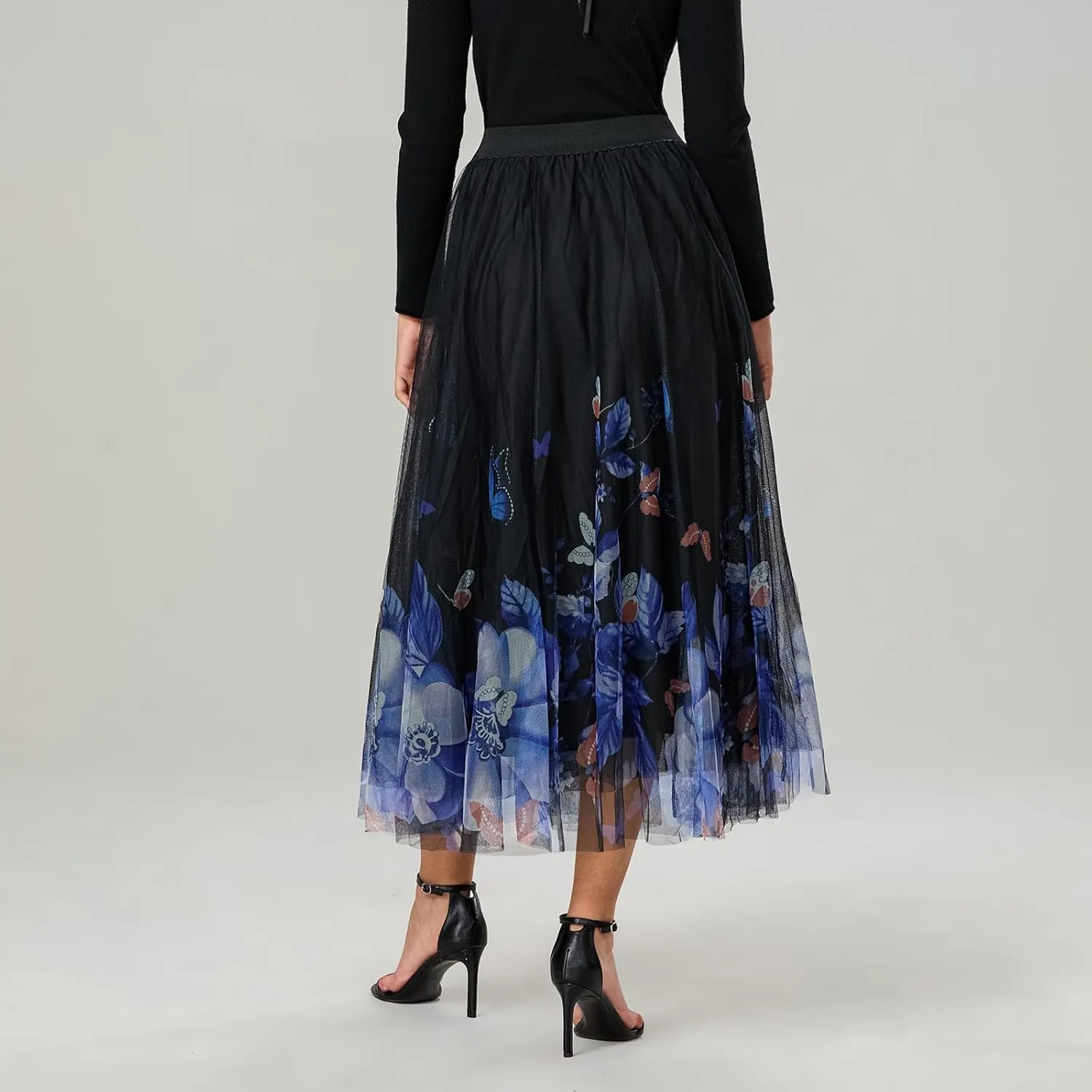 Women's Tulle Midi Skirt Elastic High Waist Layered Pleated Mesh Flowy A-Line Prom Party Long Tutu Skirts
