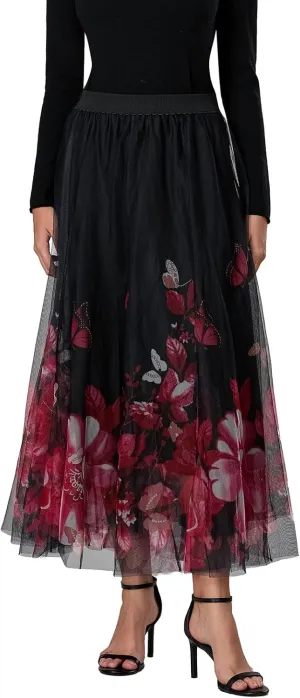 Women's Tulle Midi Skirt Elastic High Waist Layered Pleated Mesh Flowy A-Line Prom Party Long Tutu Skirts