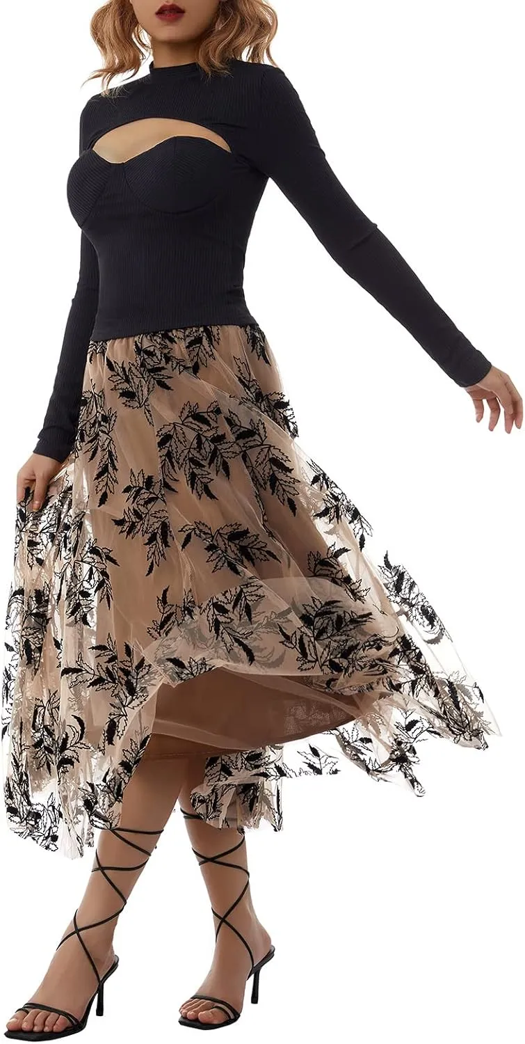 Women's Tulle Midi Skirt Elastic High Waist Layered Pleated Mesh Flowy A-Line Prom Party Long Tutu Skirts