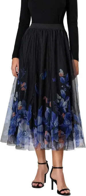 Women's Tulle Midi Skirt Elastic High Waist Layered Pleated Mesh Flowy A-Line Prom Party Long Tutu Skirts
