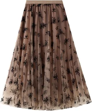 Women's Tulle Midi Skirt Elastic High Waist Layered Pleated Mesh Flowy A-Line Prom Party Long Tutu Skirts