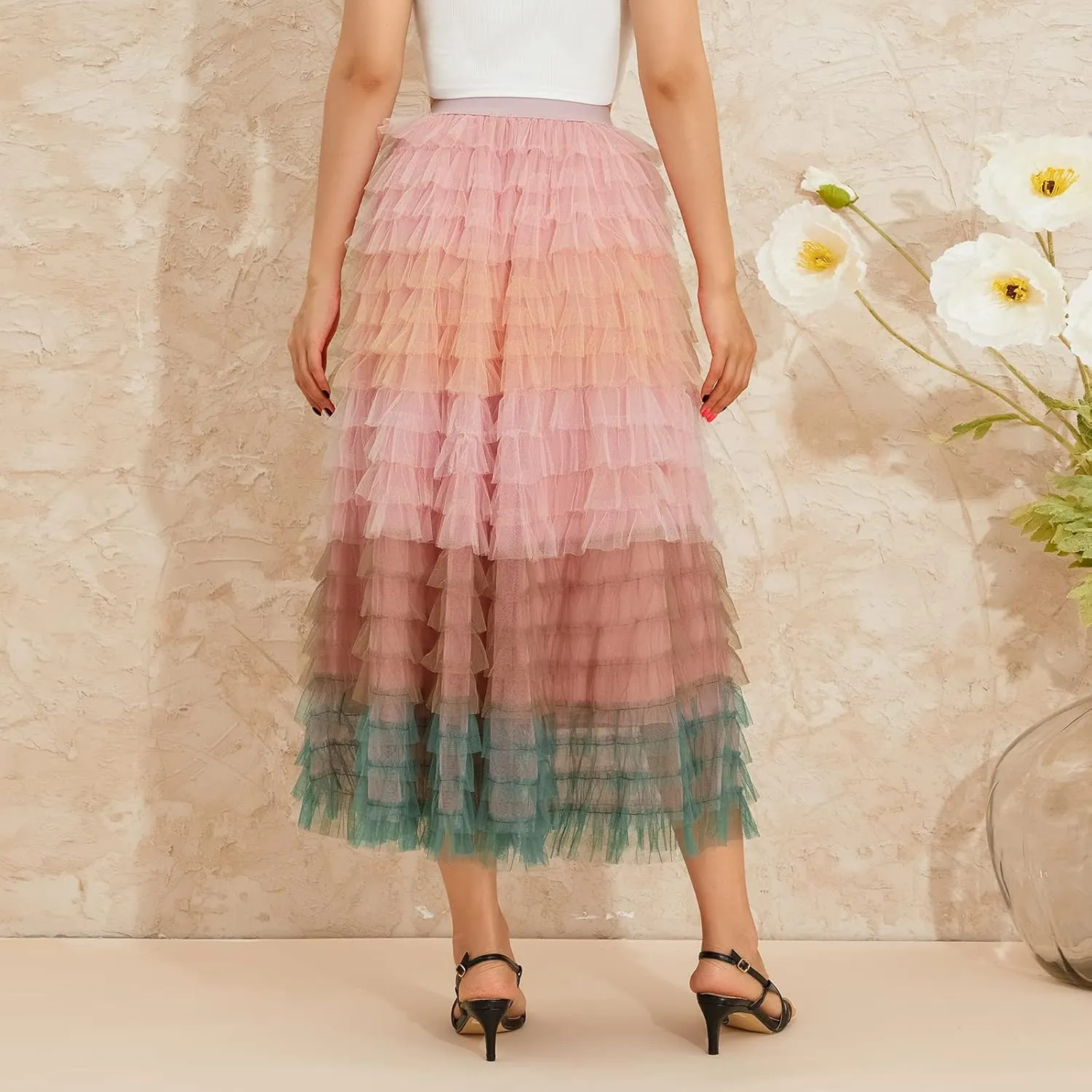Women's Tulle Midi Skirt Elastic High Waist Layered Pleated Mesh Flowy A-Line Prom Party Long Tutu Skirts