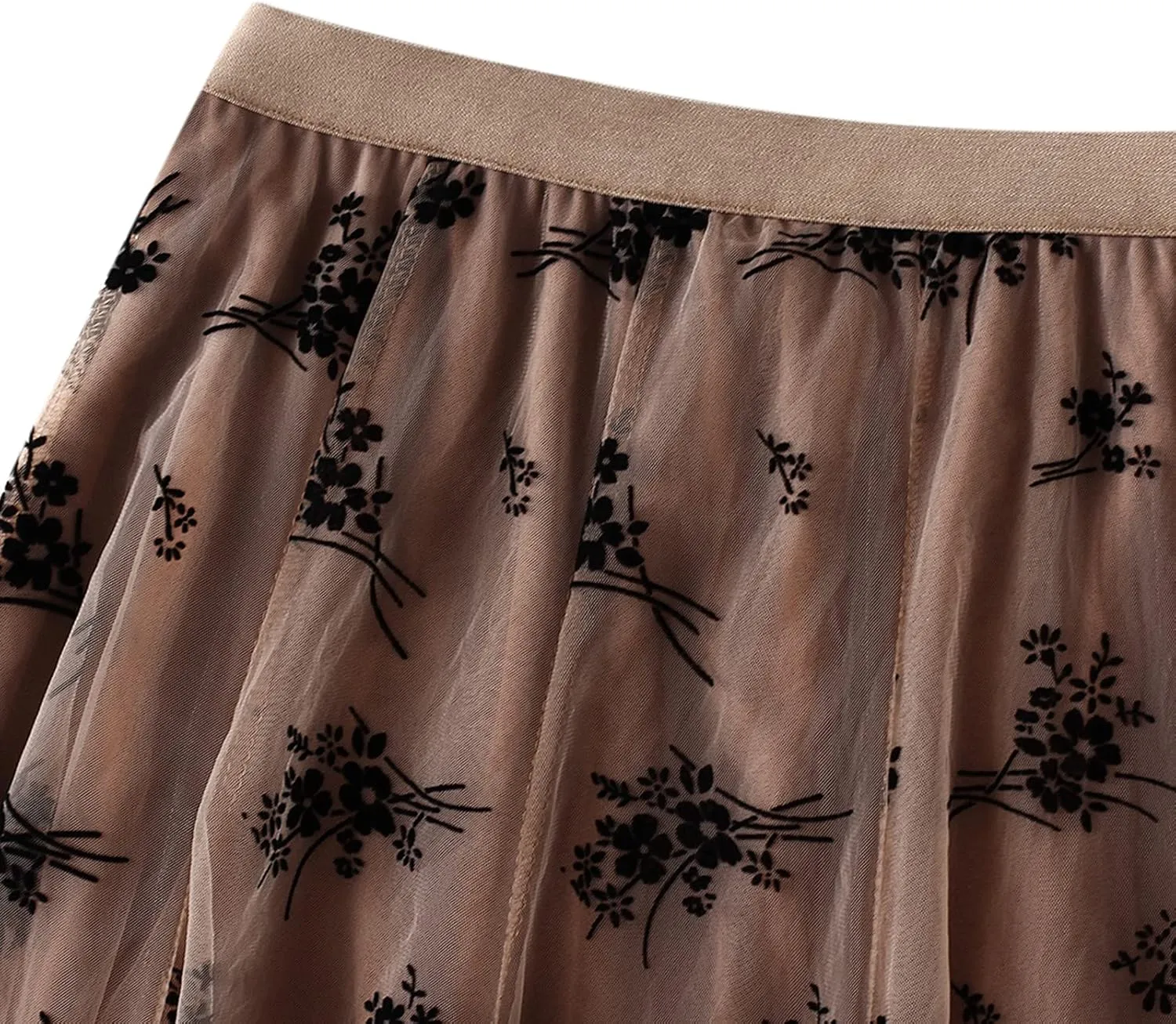 Women's Tulle Midi Skirt Elastic High Waist Layered Pleated Mesh Flowy A-Line Prom Party Long Tutu Skirts