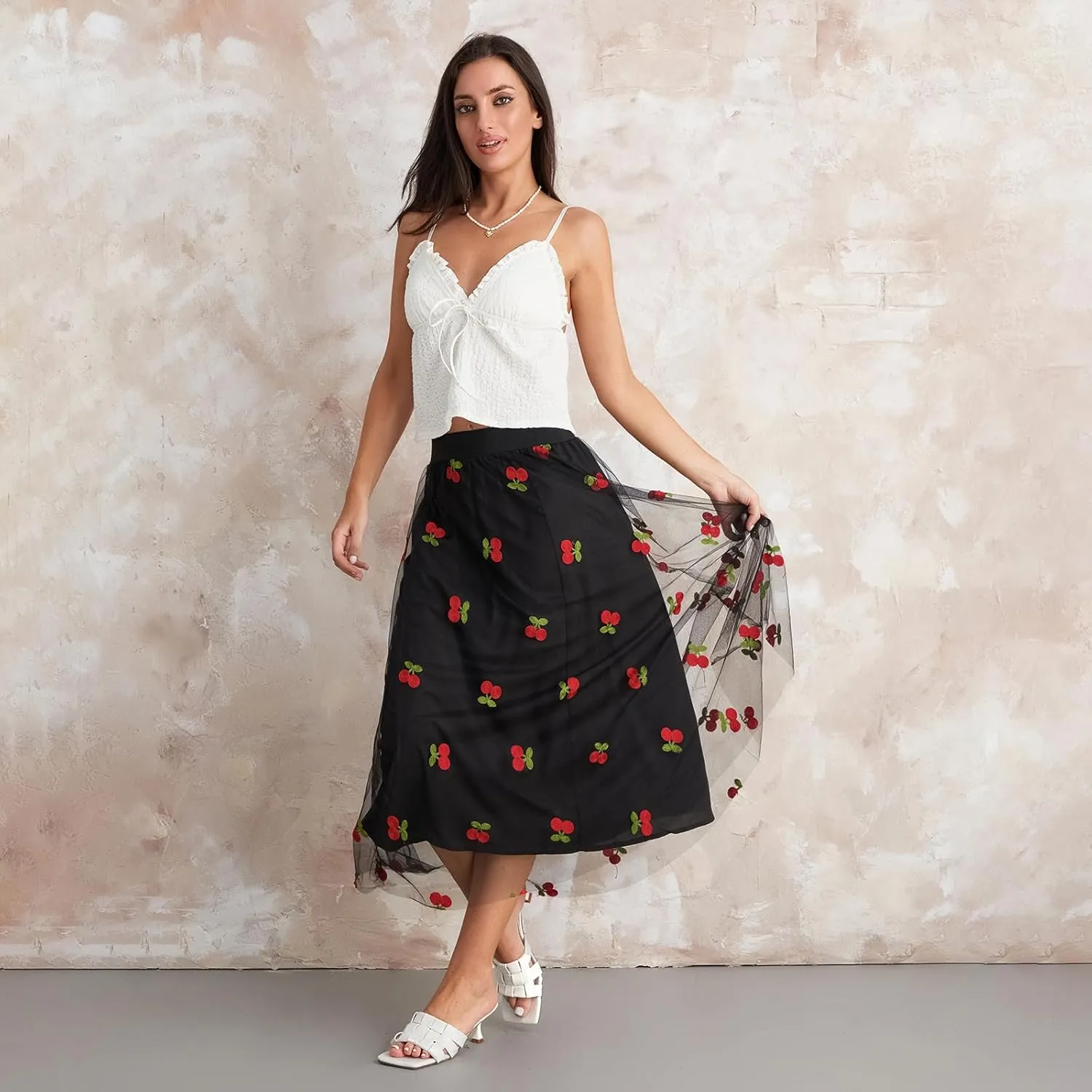 Women's Tulle Midi Skirt Elastic High Waist Layered Pleated Mesh Flowy A-Line Prom Party Long Tutu Skirts