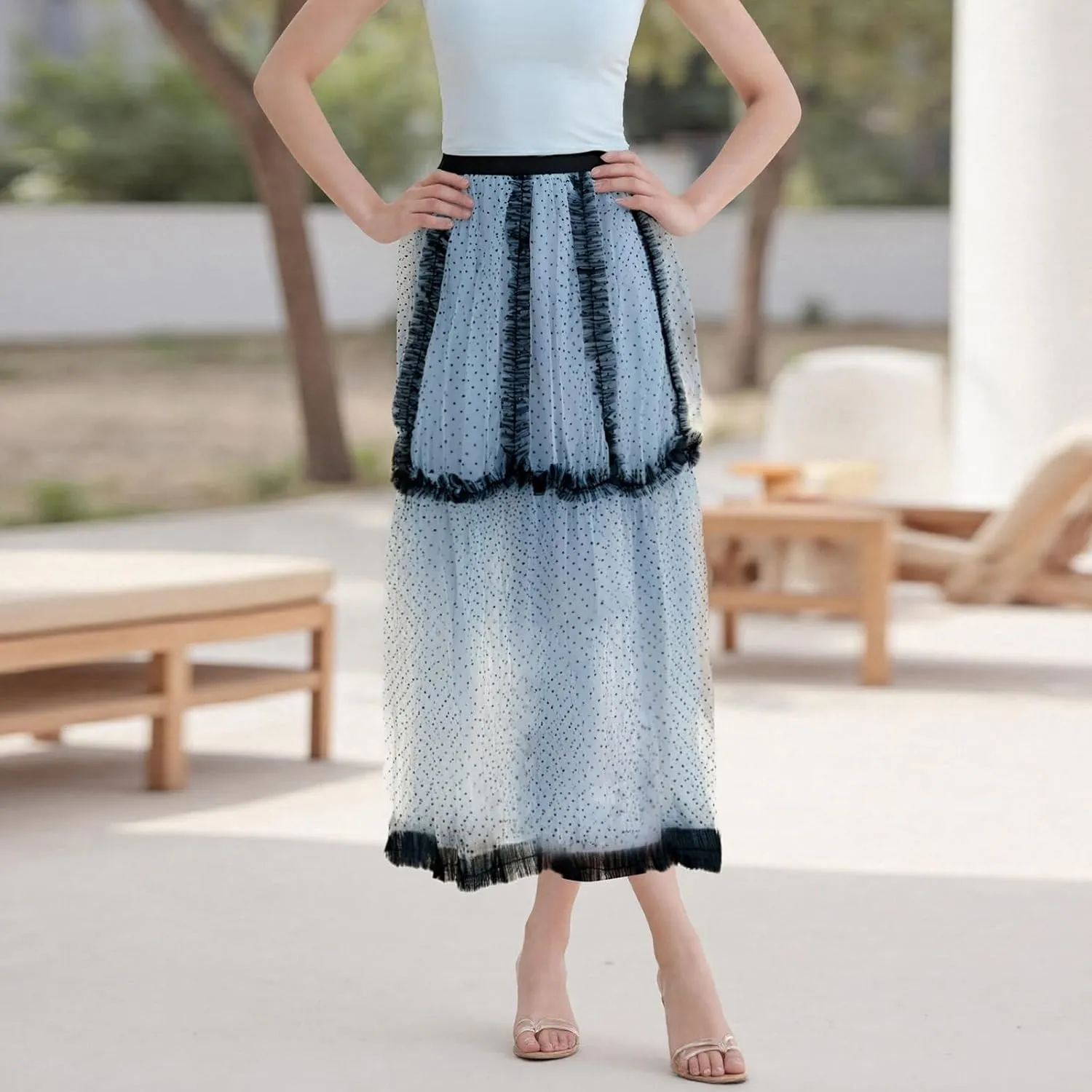 Women's Tulle Midi Skirt Elastic High Waist Layered Pleated Mesh Flowy A-Line Prom Party Long Tutu Skirts