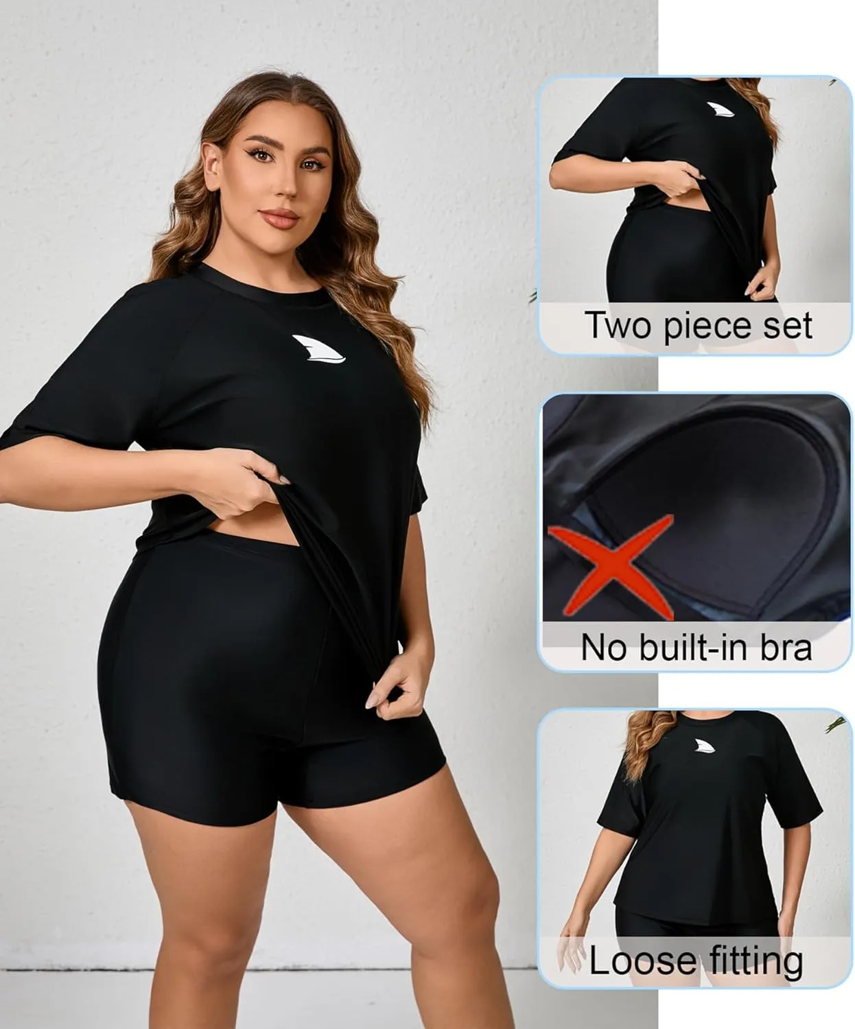 Womens Two Piece Plus Size Short Sleeve Rash Guard Sets Modest Swim Shirts Top and Shorts UPF50  Swimsuit