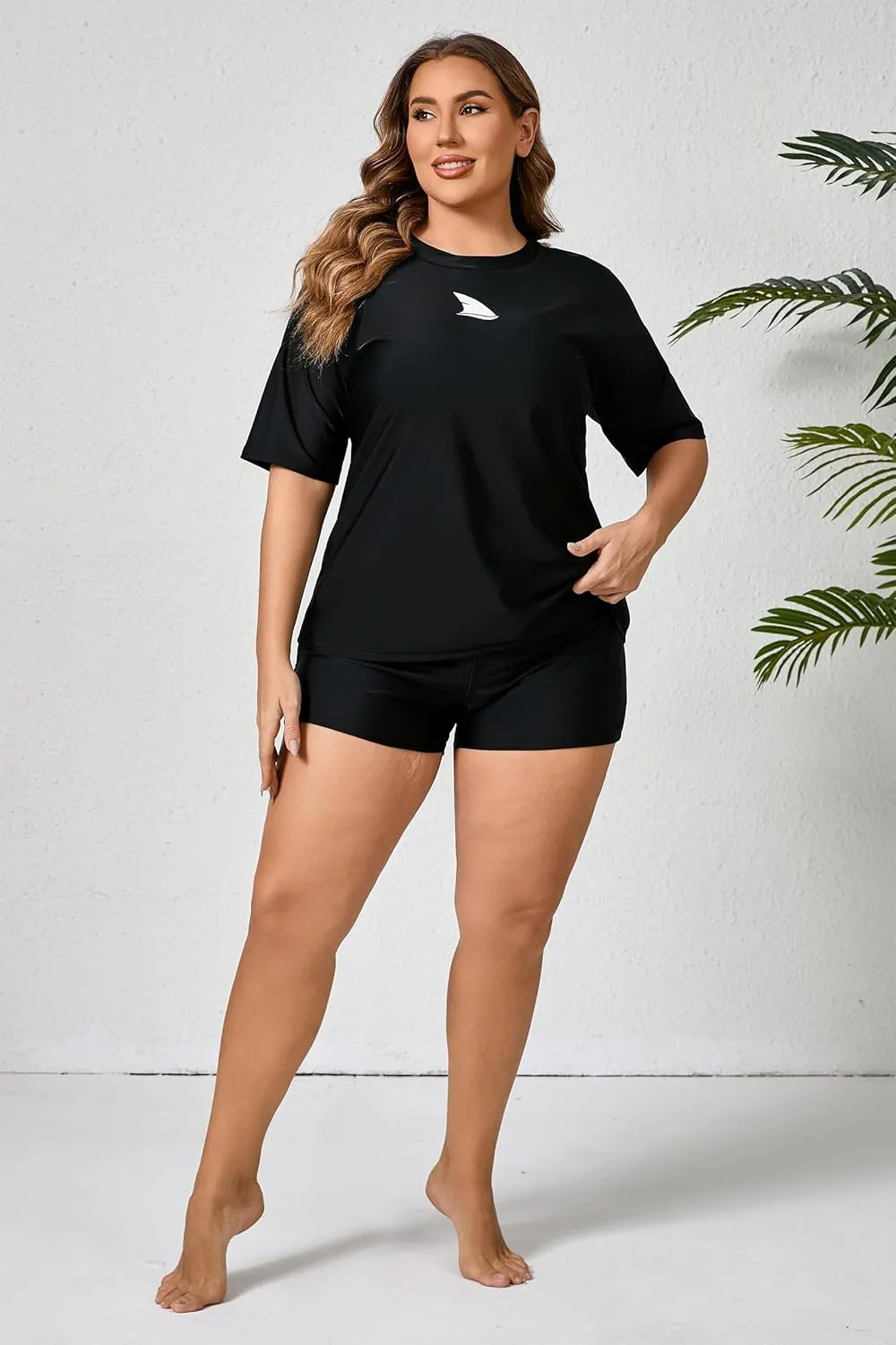 Womens Two Piece Plus Size Short Sleeve Rash Guard Sets Modest Swim Shirts Top and Shorts UPF50  Swimsuit