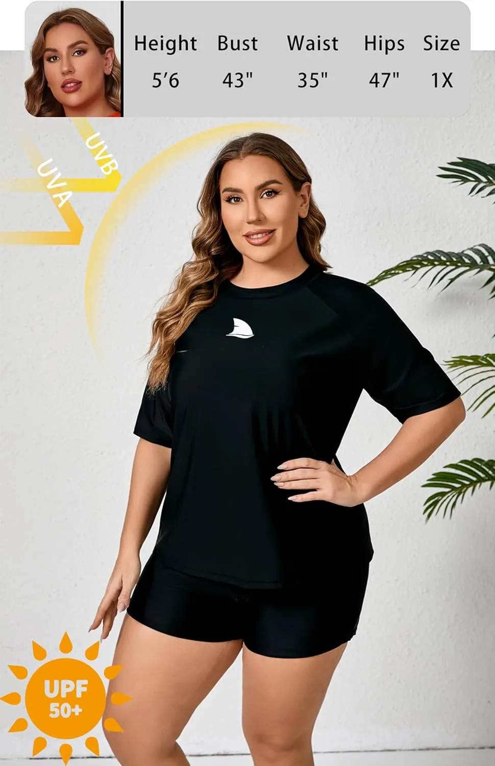 Womens Two Piece Plus Size Short Sleeve Rash Guard Sets Modest Swim Shirts Top and Shorts UPF50  Swimsuit