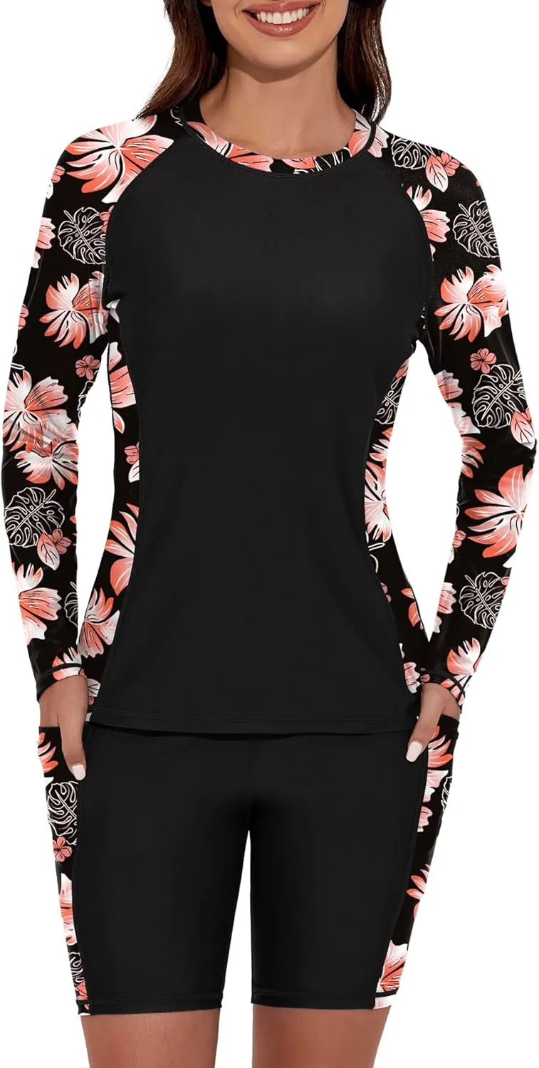 Women's Two Piece Rash Guard Swimsuit UPF 50  Long Sleeve Swim Shirt Built in Bra Swimsuit with Boyshorts with Pockets