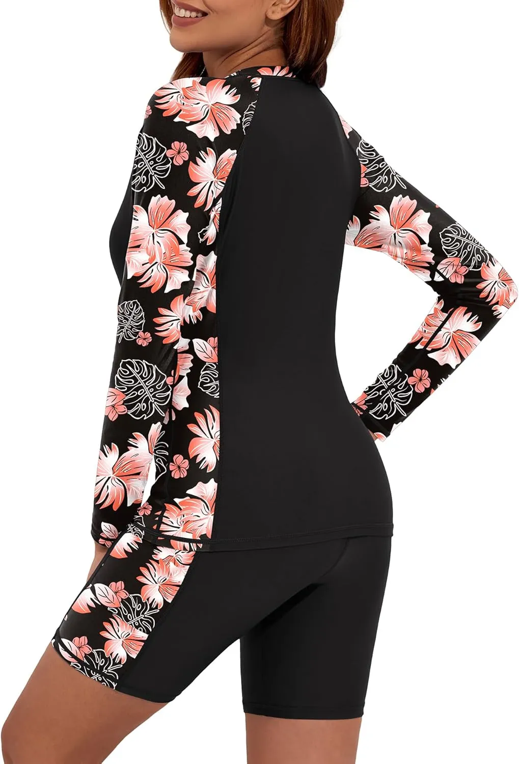 Women's Two Piece Rash Guard Swimsuit UPF 50  Long Sleeve Swim Shirt Built in Bra Swimsuit with Boyshorts with Pockets