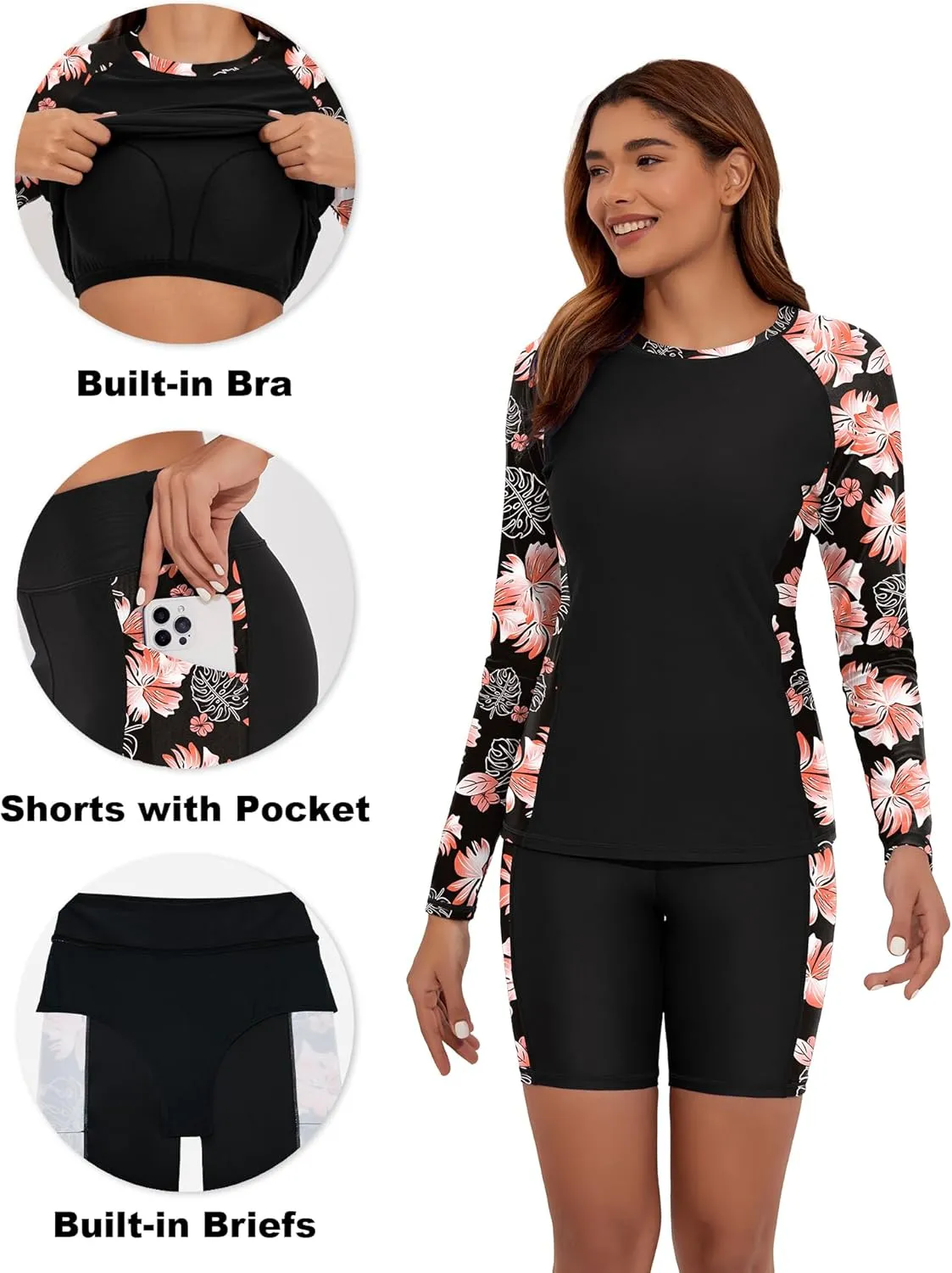 Women's Two Piece Rash Guard Swimsuit UPF 50  Long Sleeve Swim Shirt Built in Bra Swimsuit with Boyshorts with Pockets