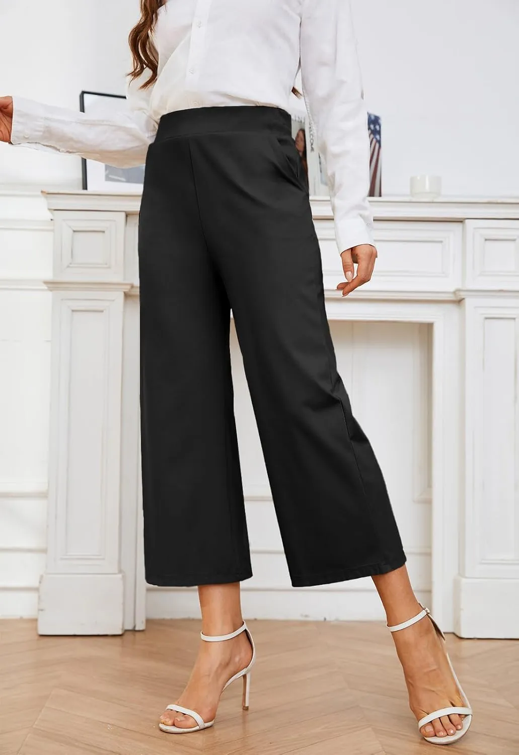 Women's Wide Leg Capri Pants Work Cropped Pants Casual Summer Capris High Waisted Crop Palazzo
