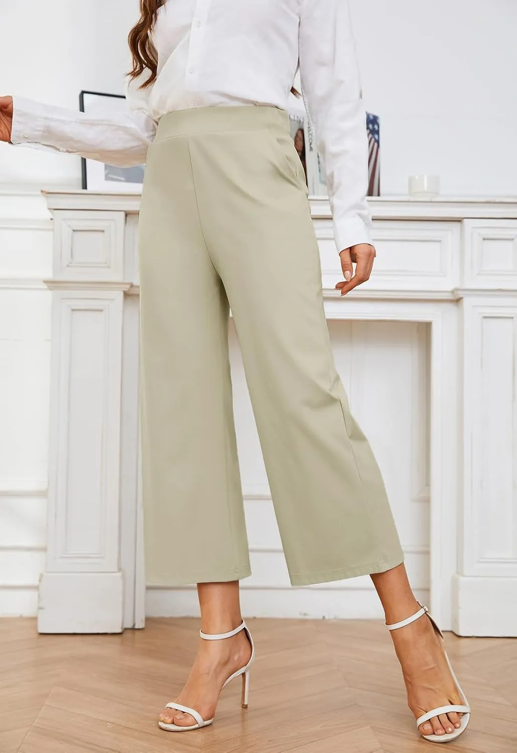 Women's Wide Leg Capri Pants Work Cropped Pants Casual Summer Capris High Waisted Crop Palazzo