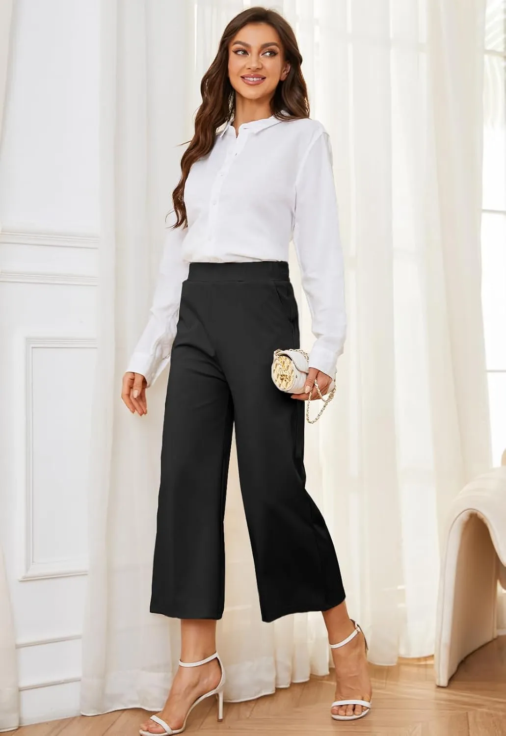 Women's Wide Leg Capri Pants Work Cropped Pants Casual Summer Capris High Waisted Crop Palazzo