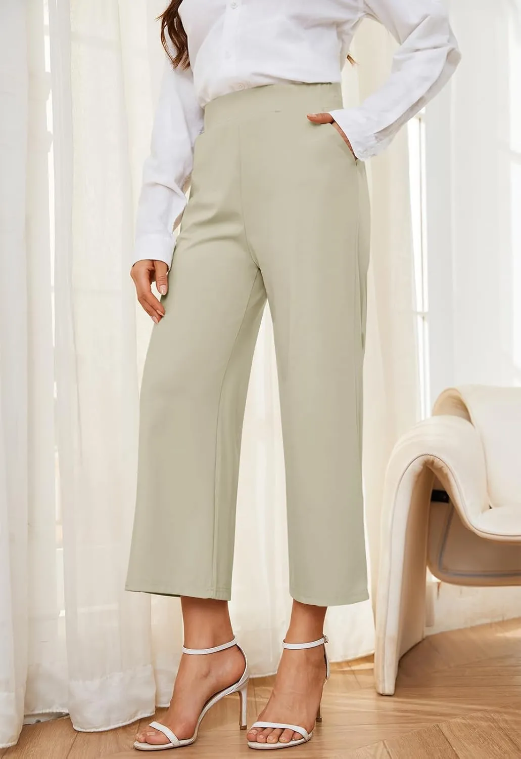 Women's Wide Leg Capri Pants Work Cropped Pants Casual Summer Capris High Waisted Crop Palazzo