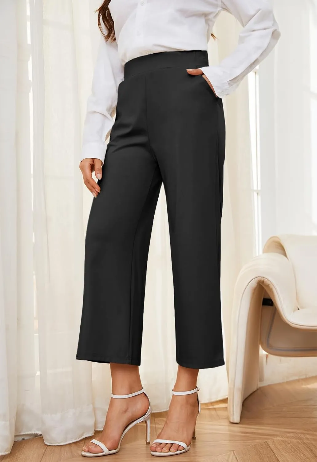 Women's Wide Leg Capri Pants Work Cropped Pants Casual Summer Capris High Waisted Crop Palazzo