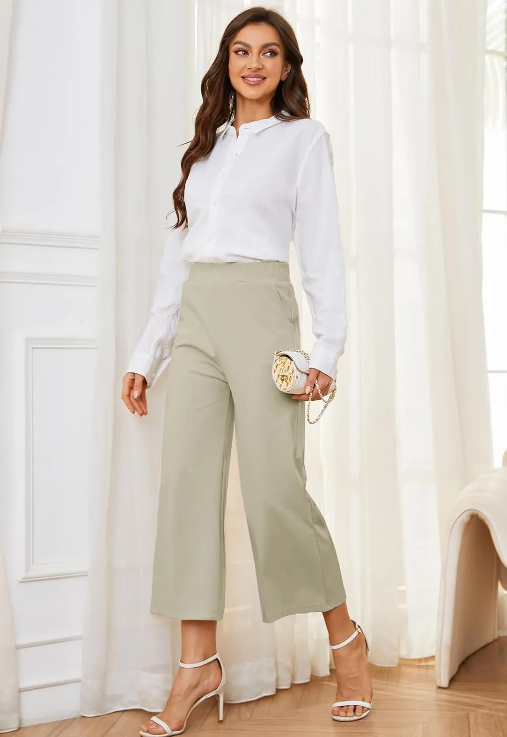Women's Wide Leg Capri Pants Work Cropped Pants Casual Summer Capris High Waisted Crop Palazzo