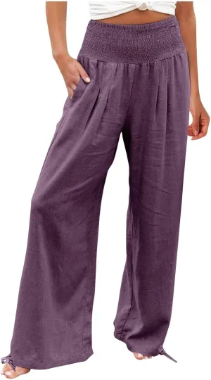 Women's Wide Leg Pants Summer 2025 Pleated Elastic Waist Linen Casual Lounge Pant 2025 Palazzo Trousers Loose Outfits