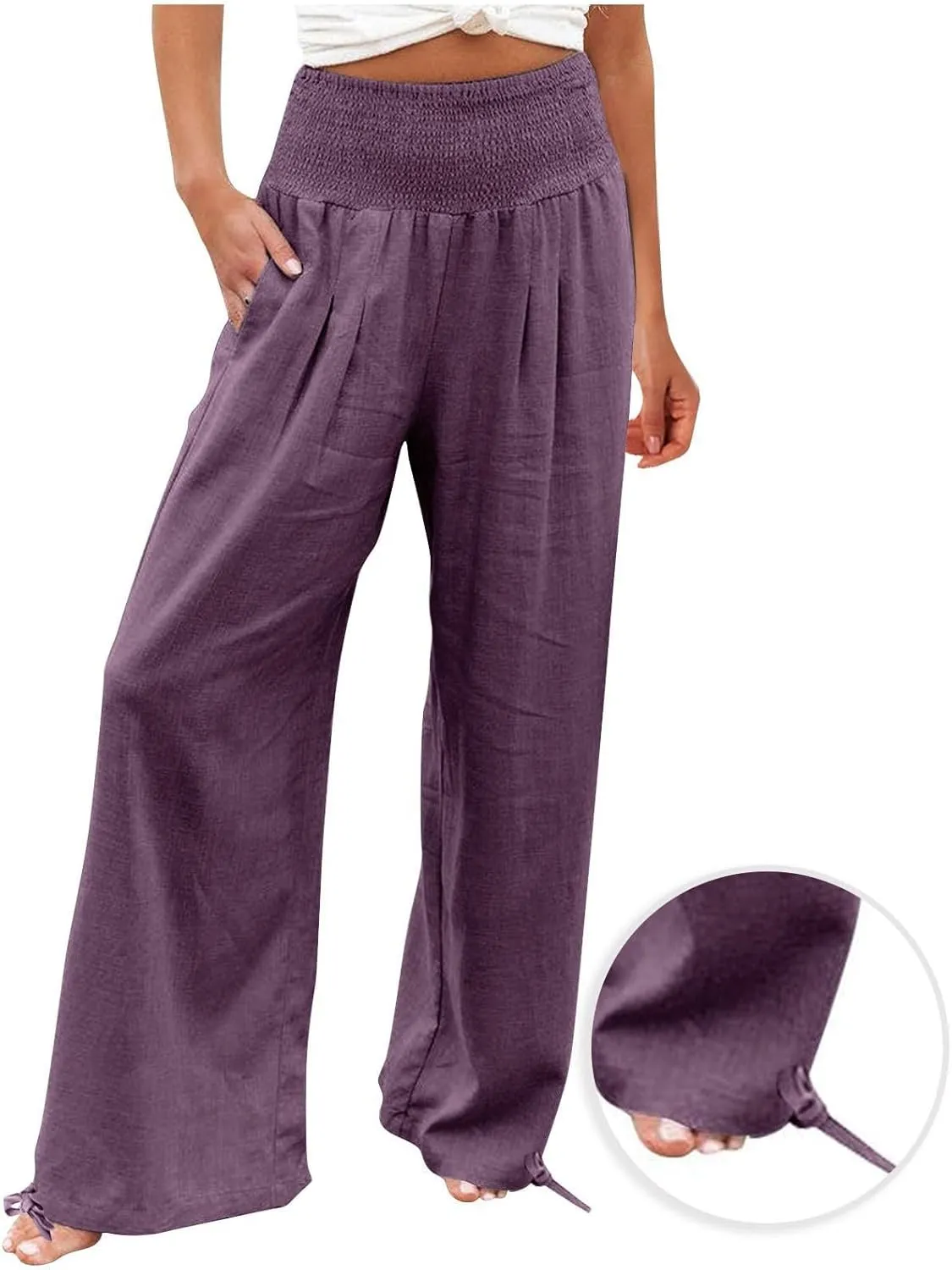 Women's Wide Leg Pants Summer 2025 Pleated Elastic Waist Linen Casual Lounge Pant 2025 Palazzo Trousers Loose Outfits