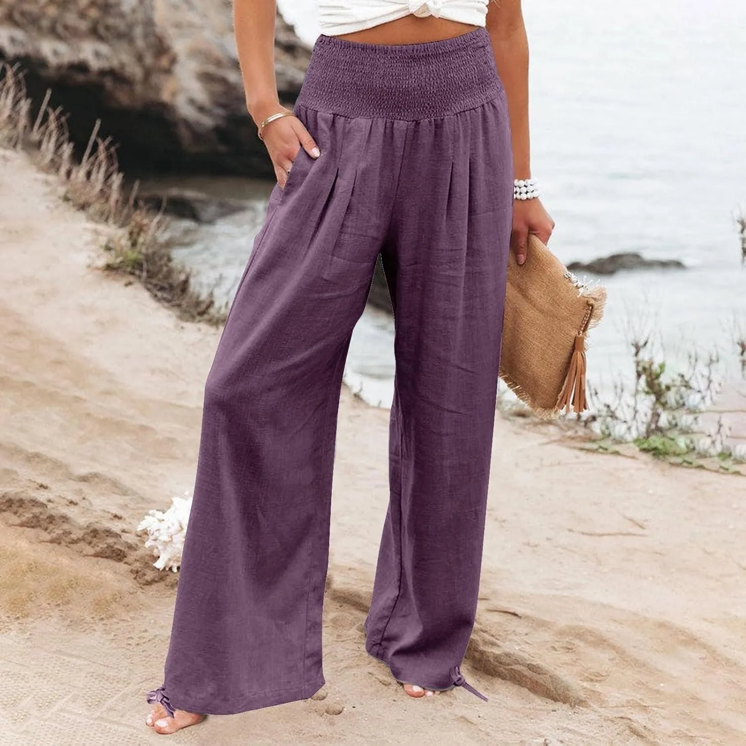 Women's Wide Leg Pants Summer 2025 Pleated Elastic Waist Linen Casual Lounge Pant 2025 Palazzo Trousers Loose Outfits