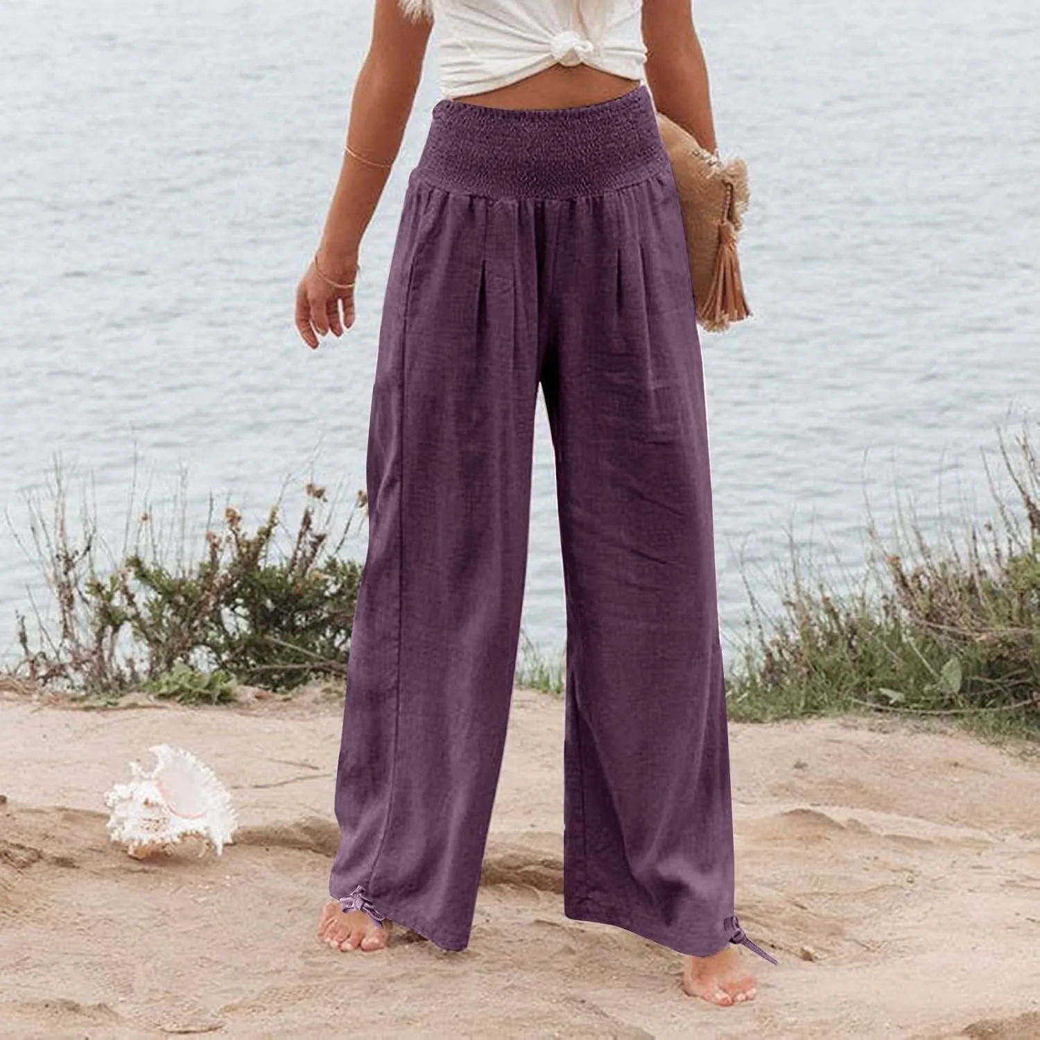 Women's Wide Leg Pants Summer 2025 Pleated Elastic Waist Linen Casual Lounge Pant 2025 Palazzo Trousers Loose Outfits