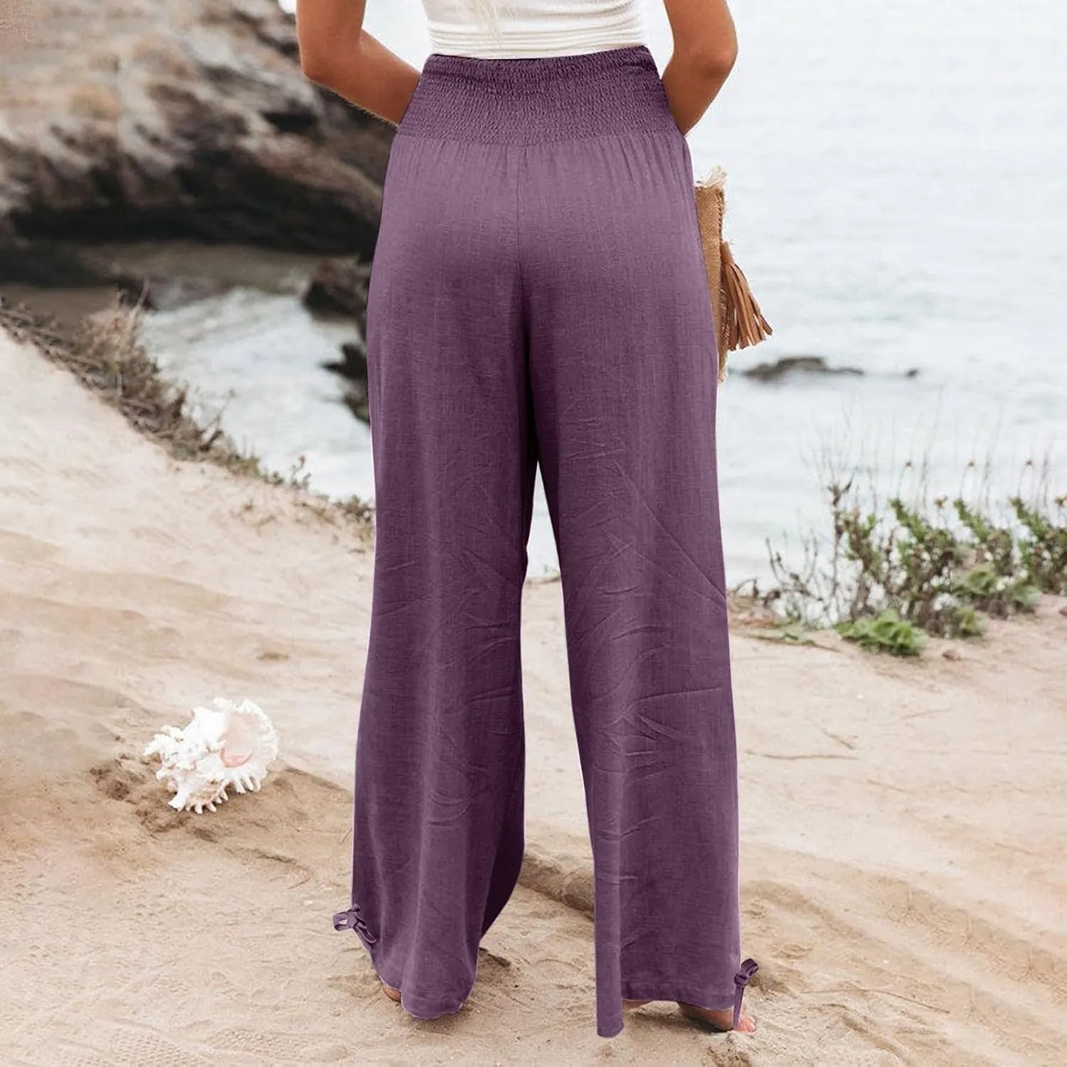 Women's Wide Leg Pants Summer 2025 Pleated Elastic Waist Linen Casual Lounge Pant 2025 Palazzo Trousers Loose Outfits