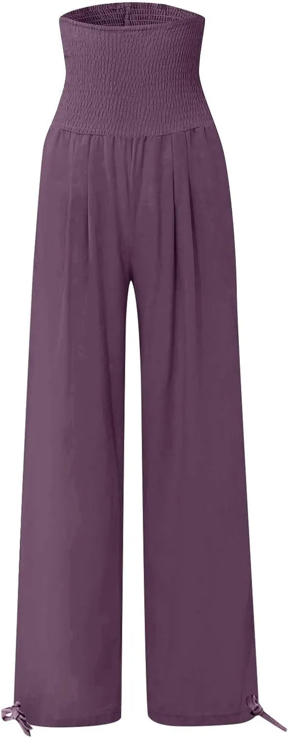 Women's Wide Leg Pants Summer 2025 Pleated Elastic Waist Linen Casual Lounge Pant 2025 Palazzo Trousers Loose Outfits