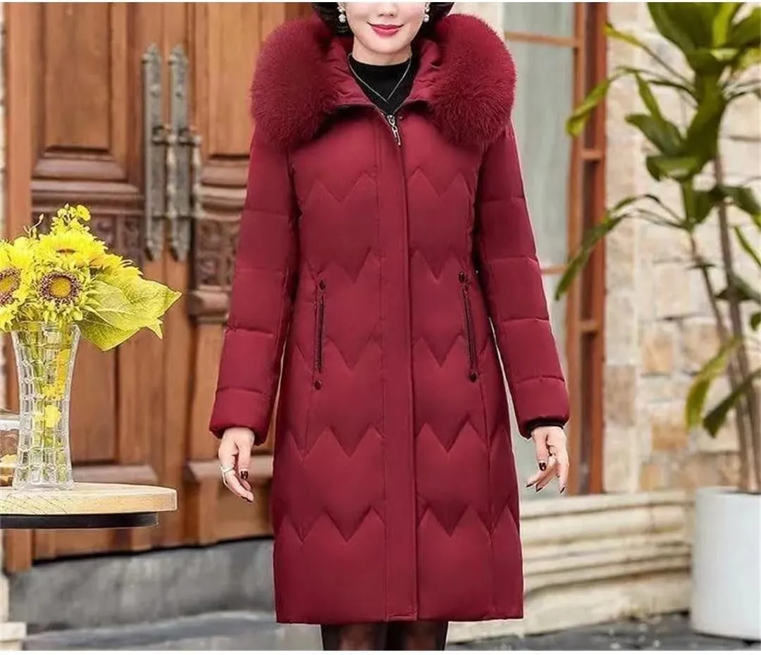 Women's Winter Down Cotton-Padded Hooded Coat for Middle-Aged Mothers Loose Fit Mid-Long Parka