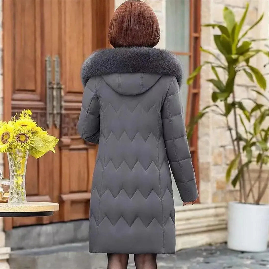 Women's Winter Down Cotton-Padded Hooded Coat for Middle-Aged Mothers Loose Fit Mid-Long Parka