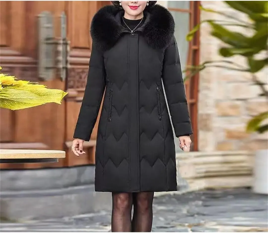 Women's Winter Down Cotton-Padded Hooded Coat for Middle-Aged Mothers Loose Fit Mid-Long Parka