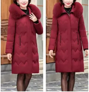 Women's Winter Down Cotton-Padded Hooded Coat for Middle-Aged Mothers Loose Fit Mid-Long Parka
