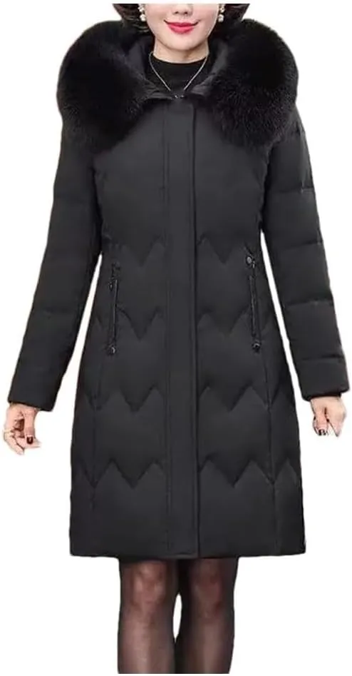 Women's Winter Down Cotton-Padded Hooded Coat for Middle-Aged Mothers Loose Fit Mid-Long Parka