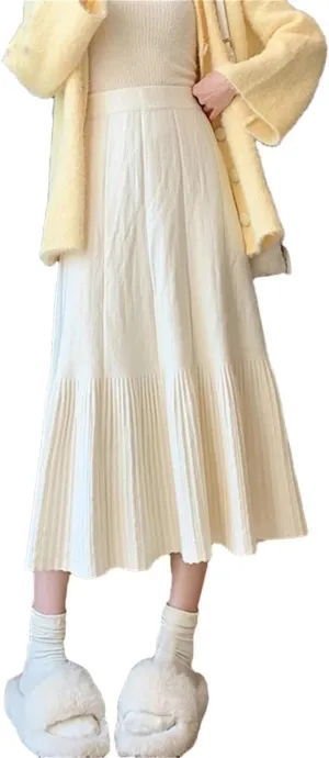 Women's Wool Knitted Sweater Skirt Casual Stretch High Waist Pleated Solid Color Midi Skirts