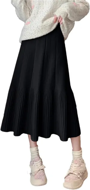 Women's Wool Knitted Sweater Skirt Casual Stretch High Waist Pleated Solid Color Midi Skirts