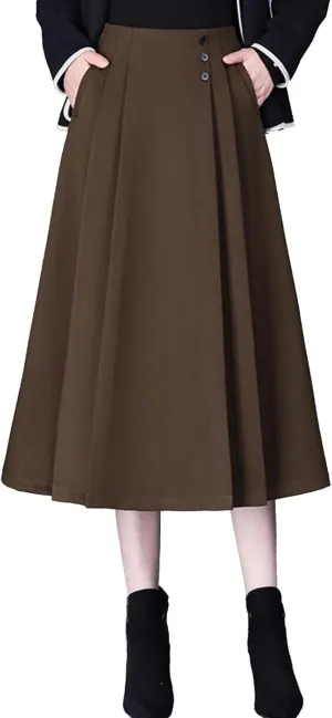 Women's Wool Skirt with Pockets Fall Winter Solid Color High Waisted Pleated A Line Midi Skirts