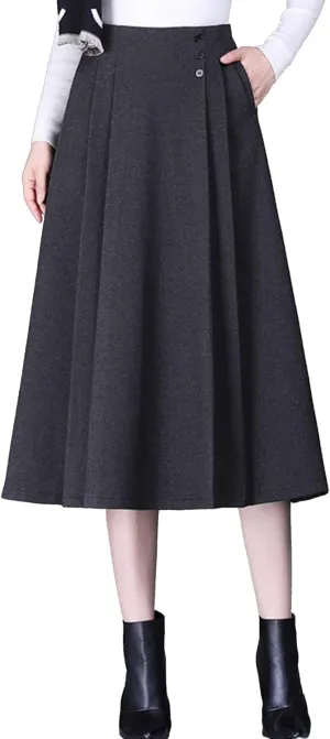 Women's Wool Skirt with Pockets Fall Winter Solid Color High Waisted Pleated A Line Midi Skirts