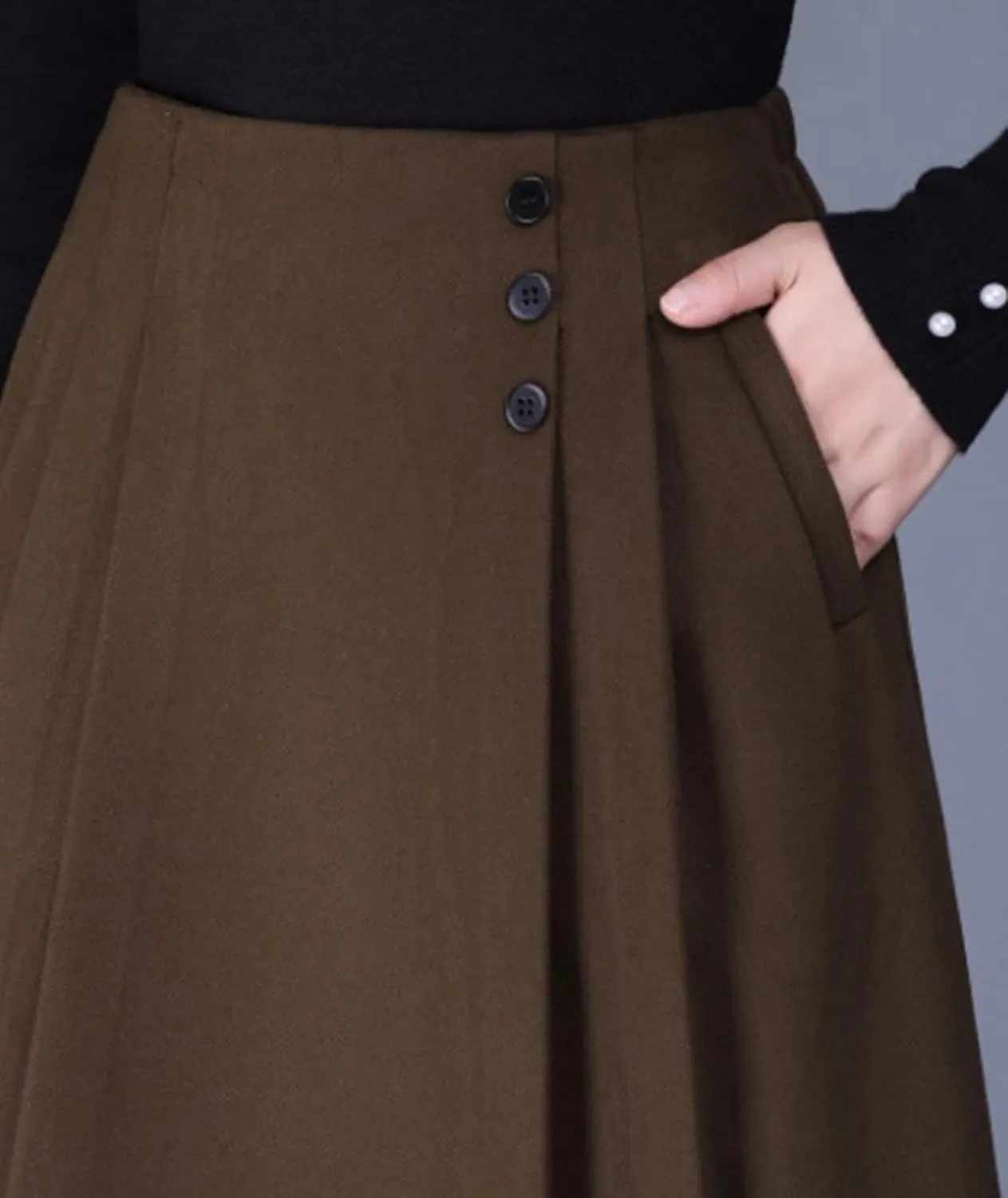 Women's Wool Skirt with Pockets Fall Winter Solid Color High Waisted Pleated A Line Midi Skirts