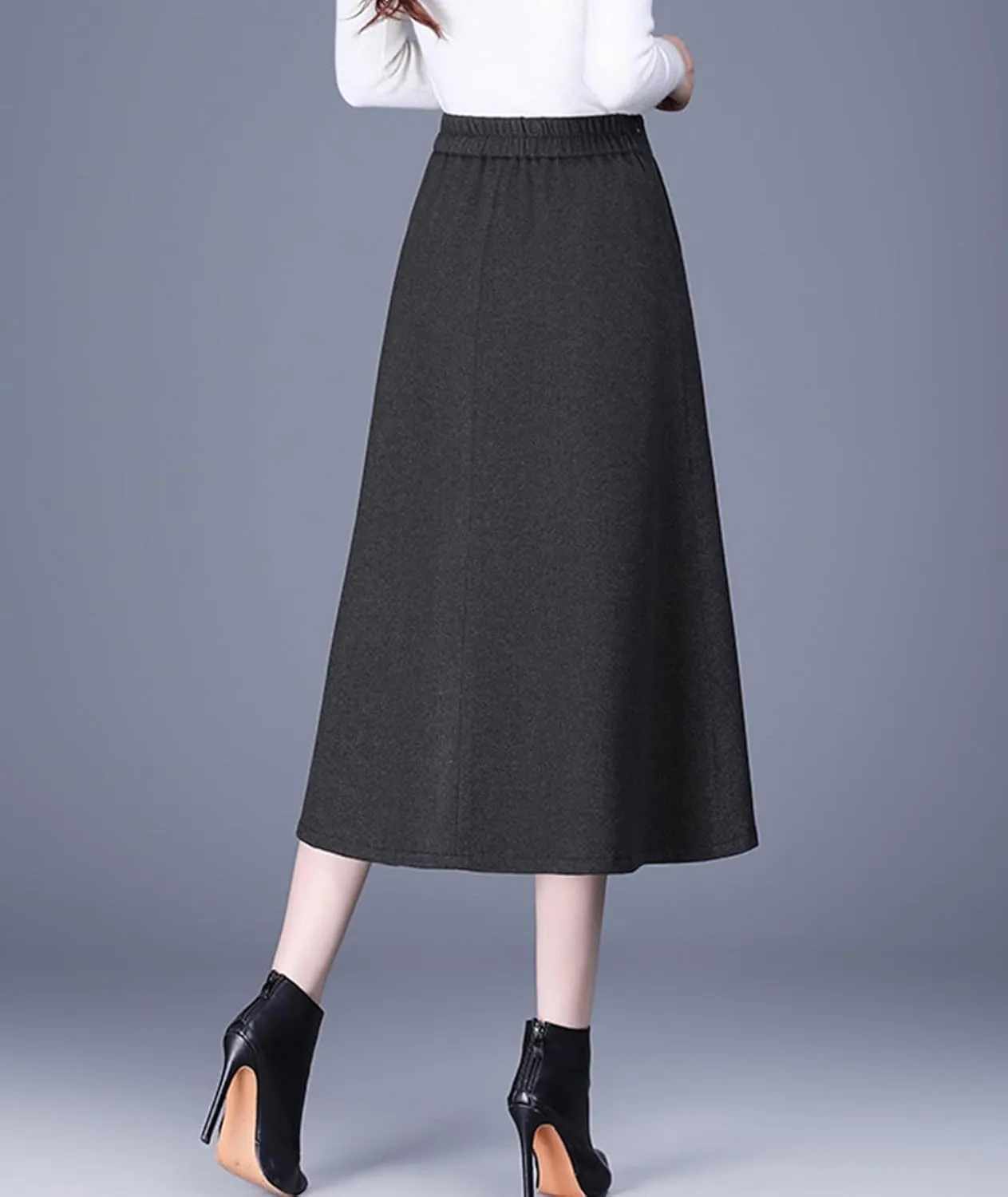 Women's Wool Skirt with Pockets Fall Winter Solid Color High Waisted Pleated A Line Midi Skirts