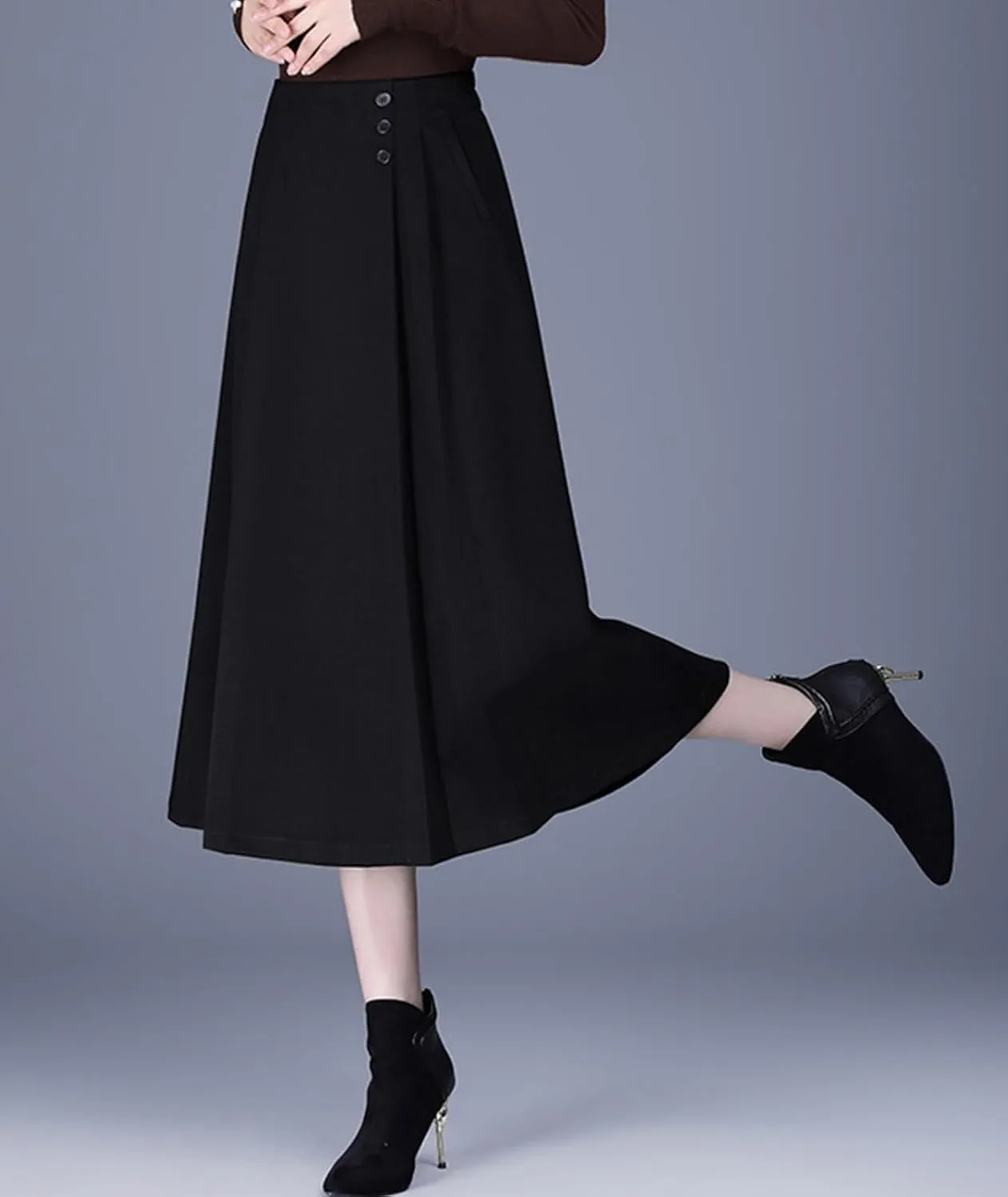 Women's Wool Skirt with Pockets Fall Winter Solid Color High Waisted Pleated A Line Midi Skirts
