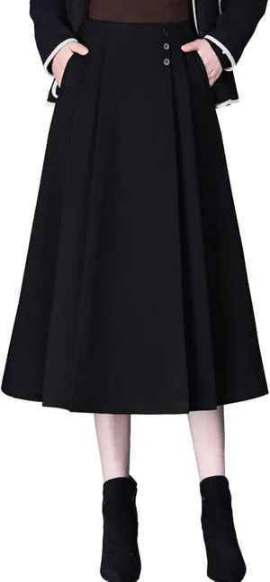 Women's Wool Skirt with Pockets Fall Winter Solid Color High Waisted Pleated A Line Midi Skirts