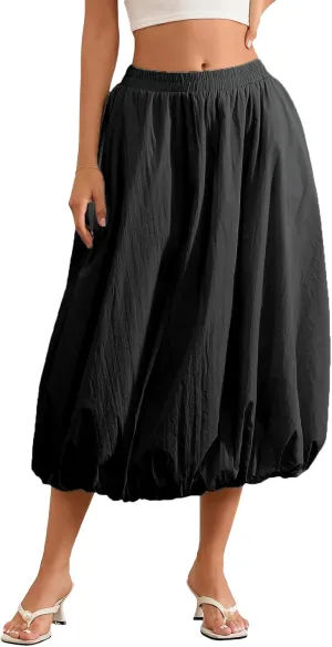 Women's Y2k Bubble Maxi Skirt Elastic Waist Puffy Hem Skirt Casual A Line Flowy Long Flower Bud Skirts