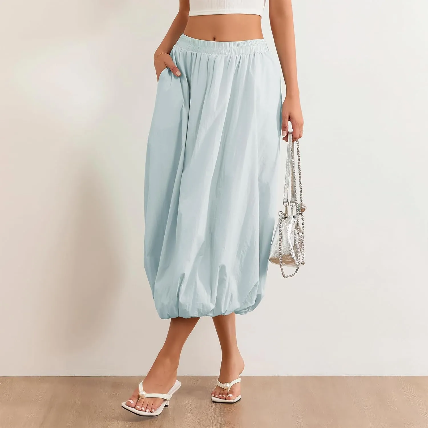 Women's Y2k Bubble Maxi Skirt Elastic Waist Puffy Hem Skirt Casual A Line Flowy Long Flower Bud Skirts