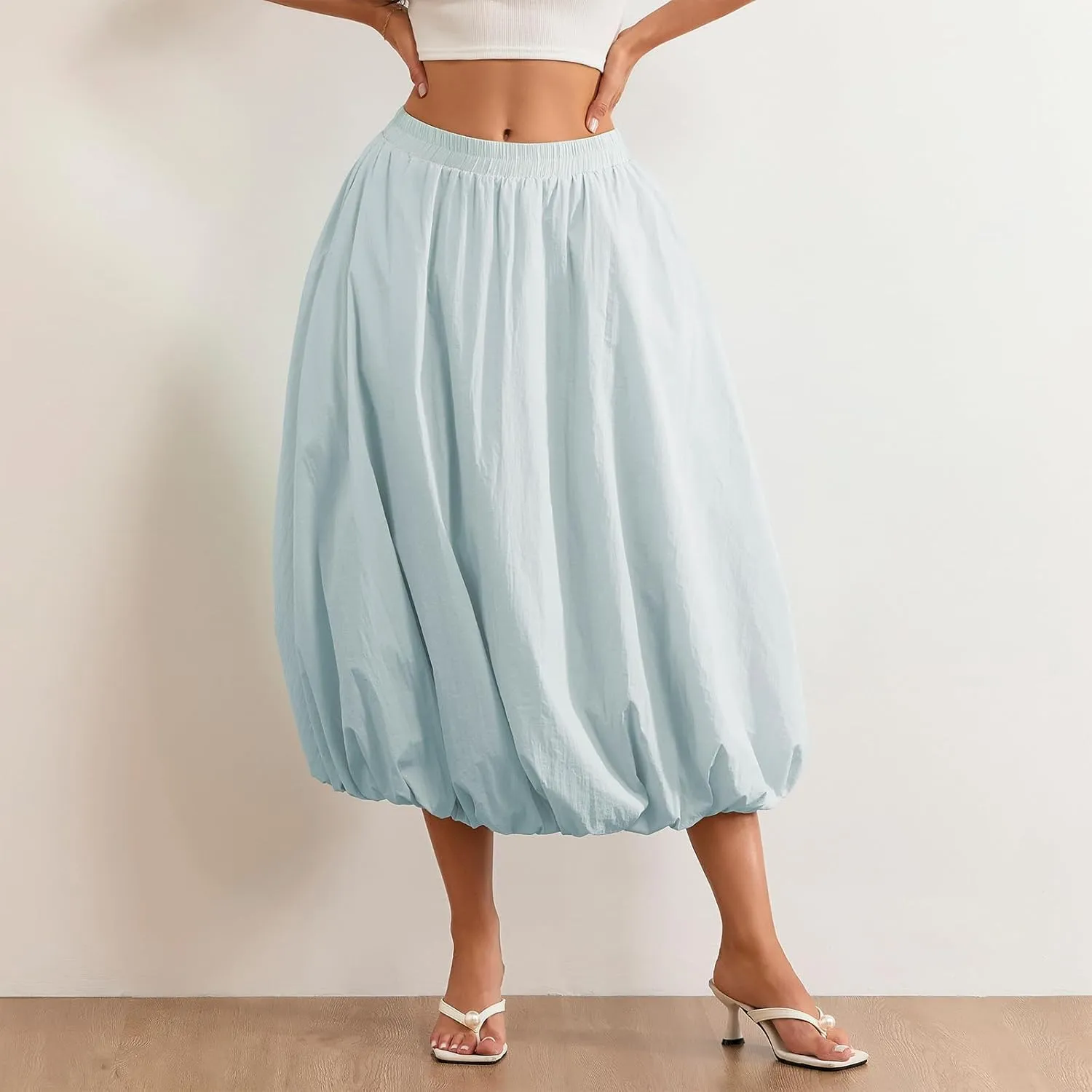 Women's Y2k Bubble Maxi Skirt Elastic Waist Puffy Hem Skirt Casual A Line Flowy Long Flower Bud Skirts